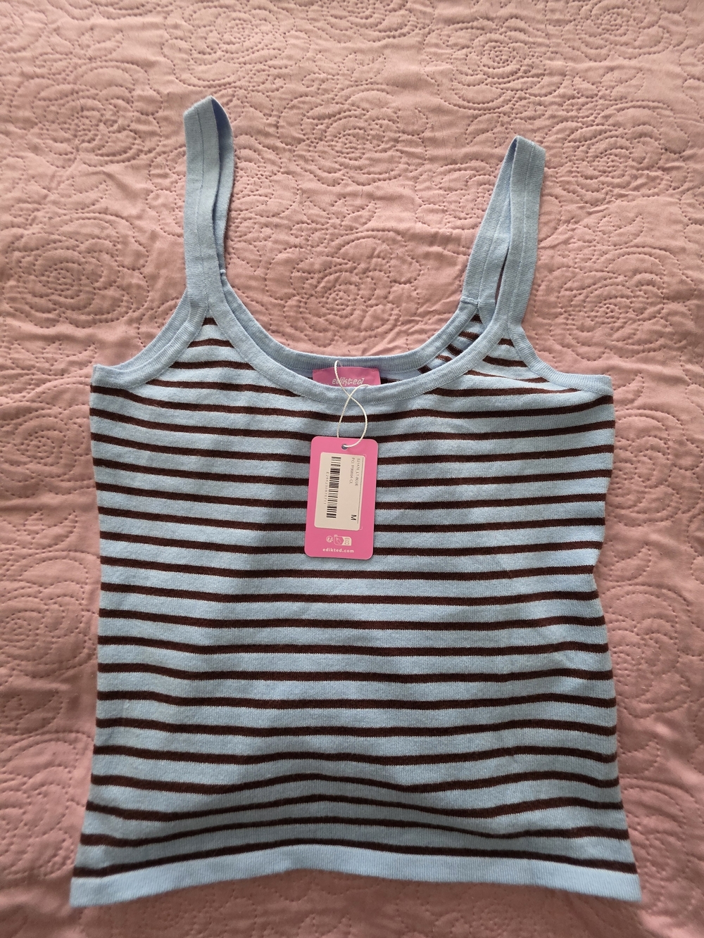 Edikted Light Blue & Brown Striped Ribbed Tank